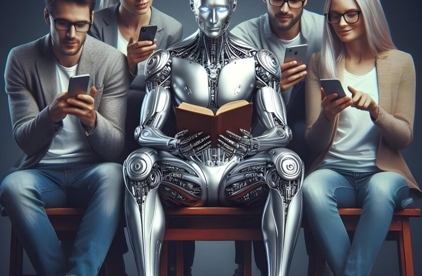 Zwei Frauen und zwei Männer sitzen um einen Roboter herum und schauen auf ihre Handys, während der Roboter ein Buch liest.